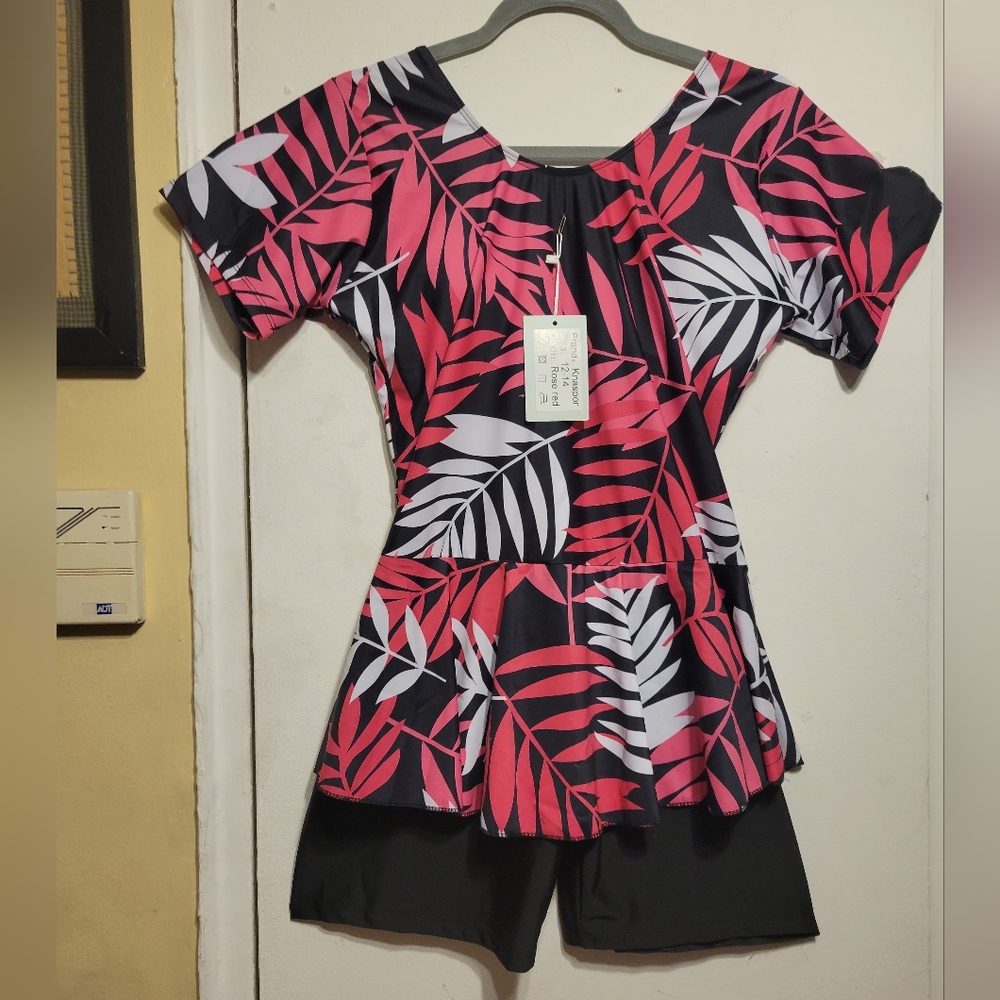 Knaspor  Women's One Piece Modest Swim Dress floral Leaf Print SZ 12-14